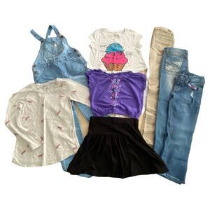 8 Pc Girls Mixed Lot Set - Size 10-10/12 L - 3 Tops, 1 Skirt, 1 Overall, 3 Jeans